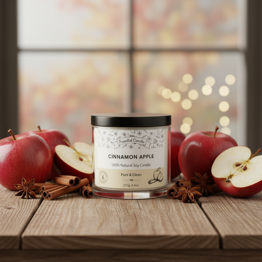 Cinnamon Apple candle on a wooden surface with apples and cinnamon sticks, blurred lights in the background