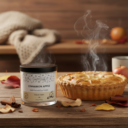 Cinnamon Apple candle with a pie and autumn elements on a wooden surface