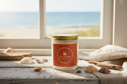 Candle with a red label on a windowsill with a view of the ocean.