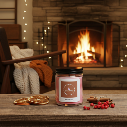 Candle jar with a label in front of a fireplace