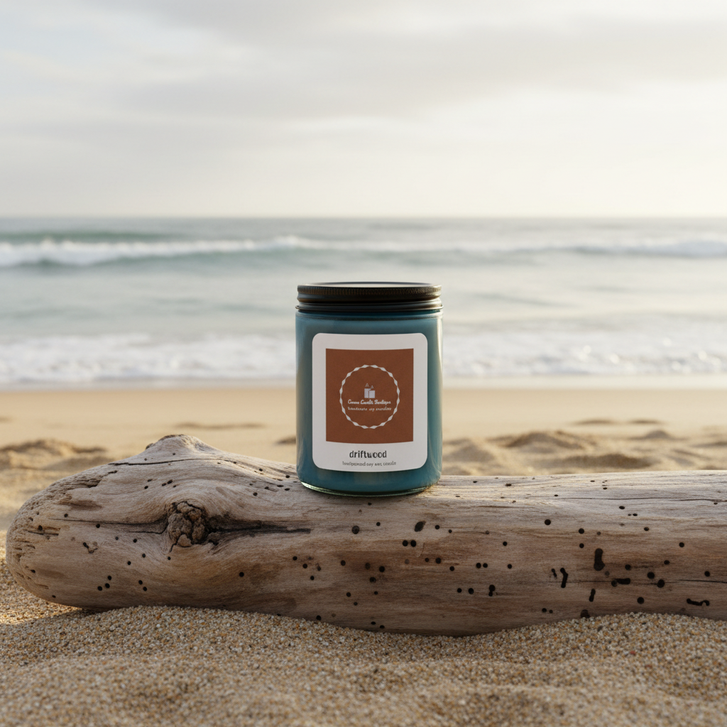 Candle with a label on a piece of driftwood on a beach