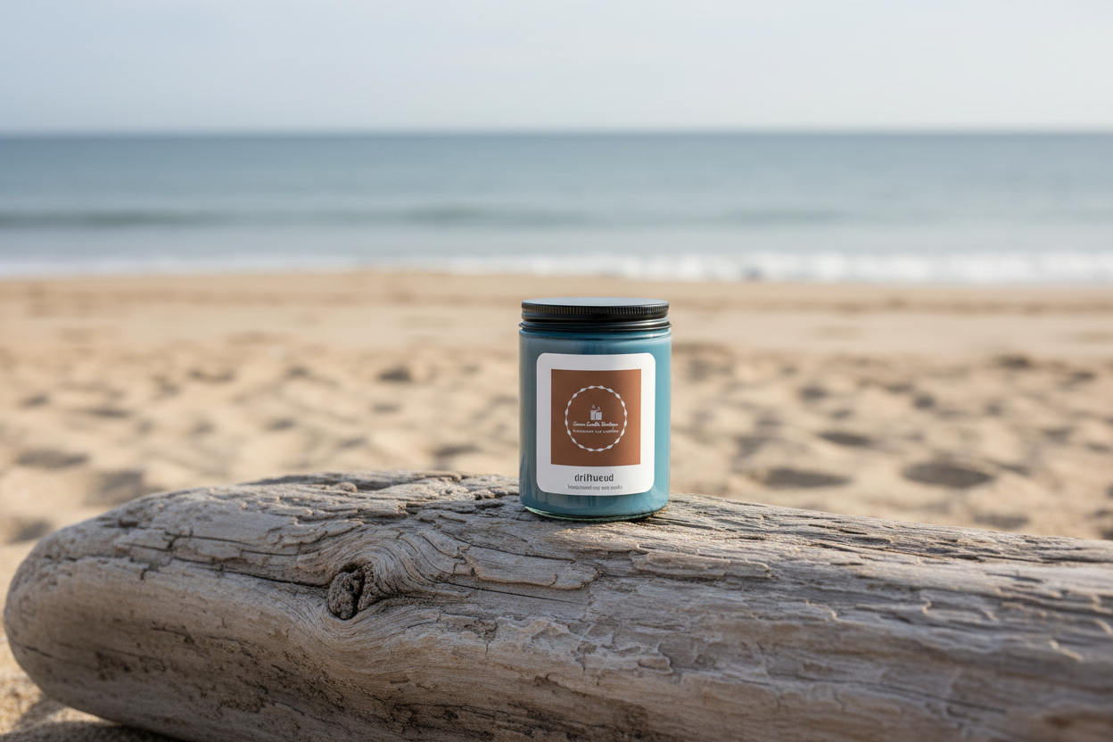Candle on a piece of driftwood with a beach background