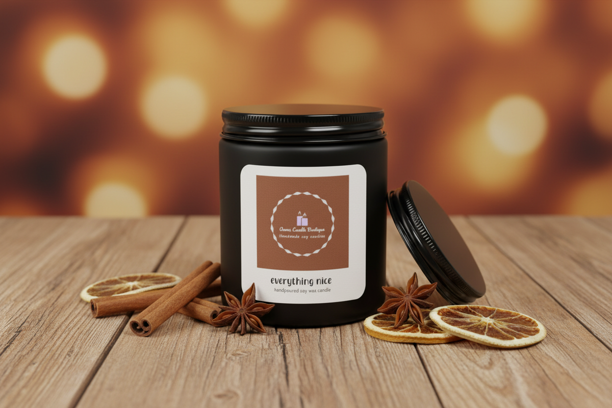Black candle jar labeled 'everything nice' on a wooden surface with cinnamon sticks and dried oranges, blurred warm lights in the background.