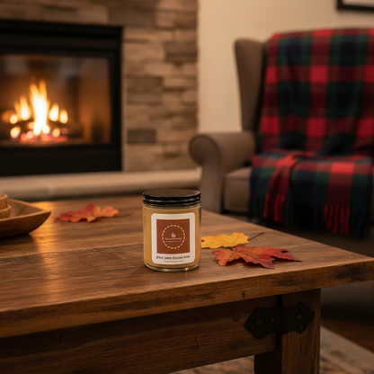 Candle on a wooden table with a fireplace and plaid blanket in the background