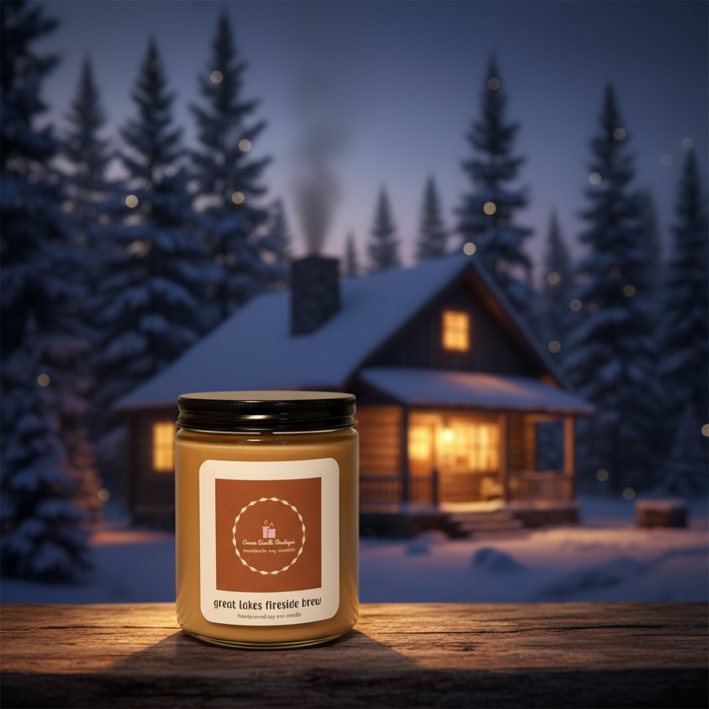 Candle with a label in front of a cozy cabin at night