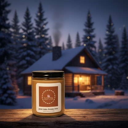 Candle with a label in front of a cozy cabin at night