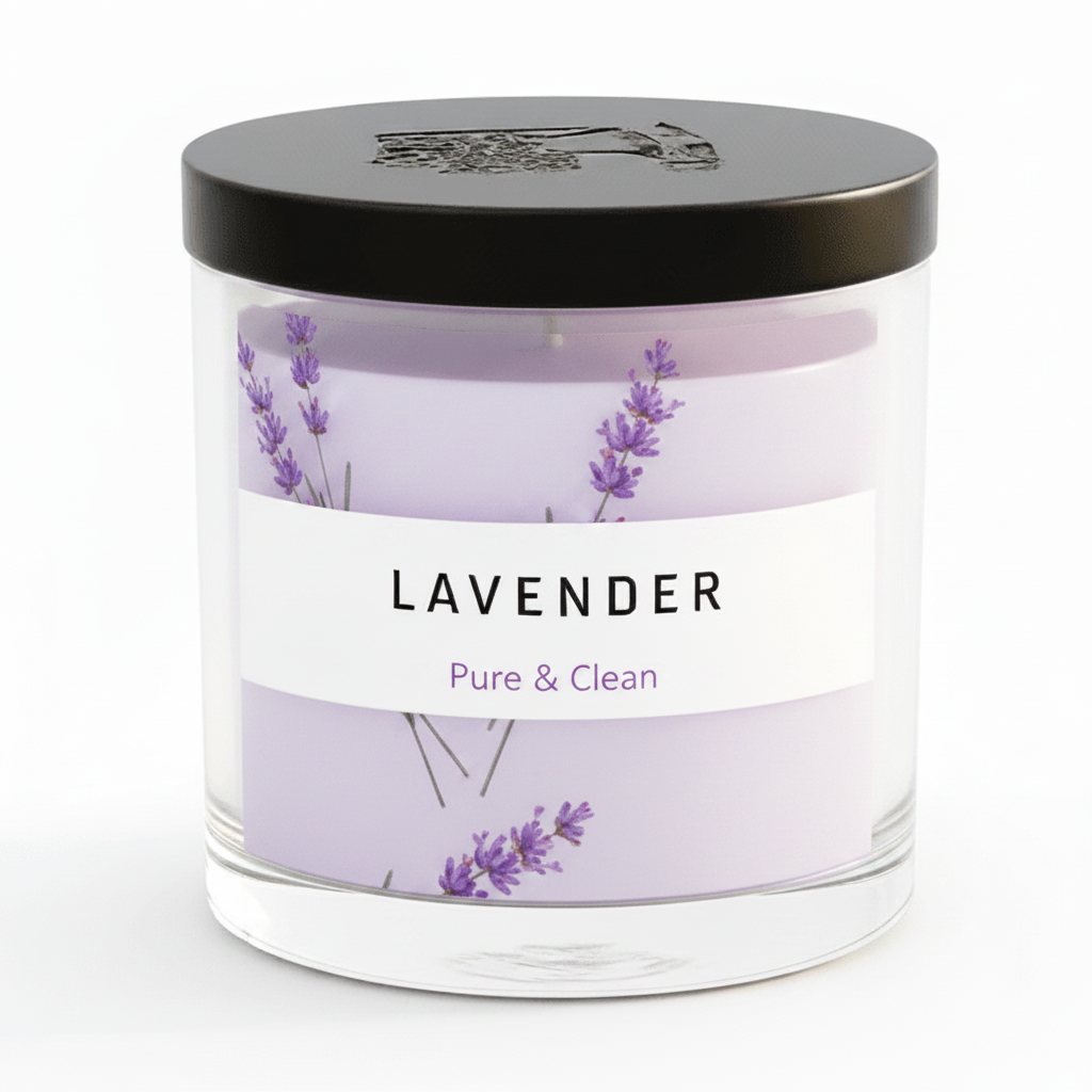 Lavender candle with a black lid on a white background