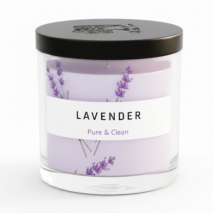 Lavender candle with a black lid on a white background