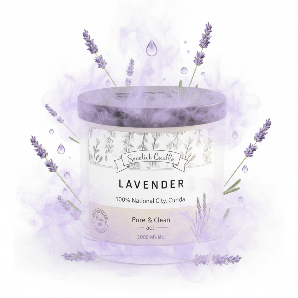 Lavender candle with marble lid on a white background