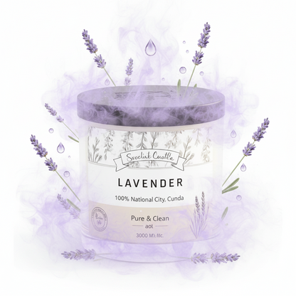 Lavender candle with marble lid on a white background