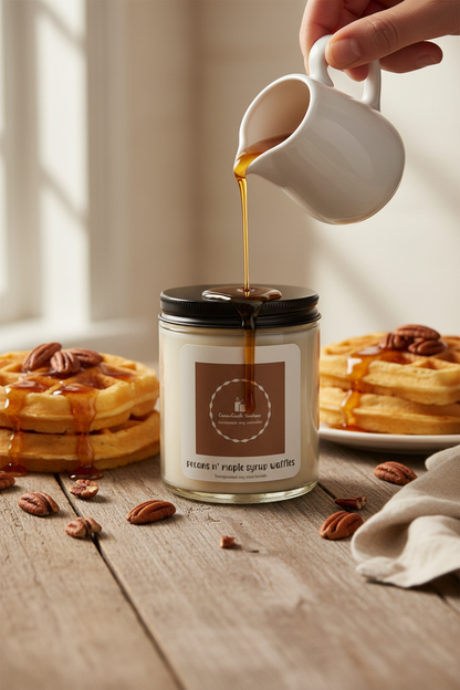 Candle with a waffle and syrup theme, being poured from a white pitcher.