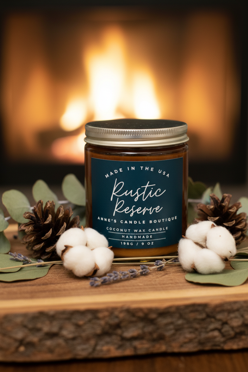 Candle jar labeled 'Rustic Reserve' on a wooden surface with cotton and pinecones, fireplace in the background