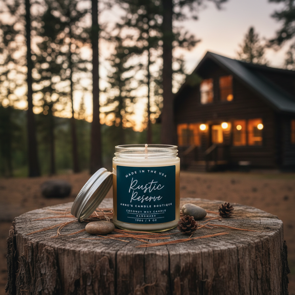 Candle labeled 'Rustic Reserve' on a wooden stump with a cabin in the background during sunset.
