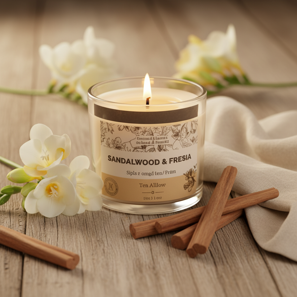 Candle labeled 'Sandalwood & Fresia' with cinnamon sticks and flowers on a wooden surface