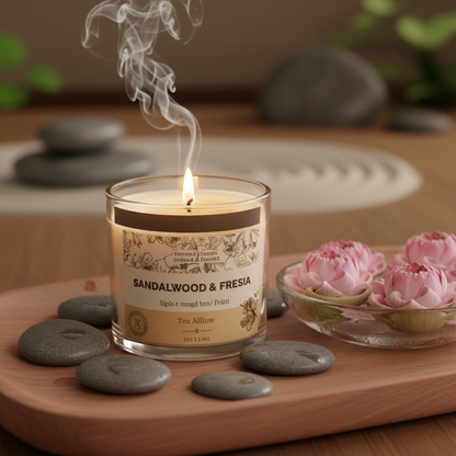 Candle labeled 'Sandalwood & Fresia' with smoke, stones, and pink flowers on a wooden surface.