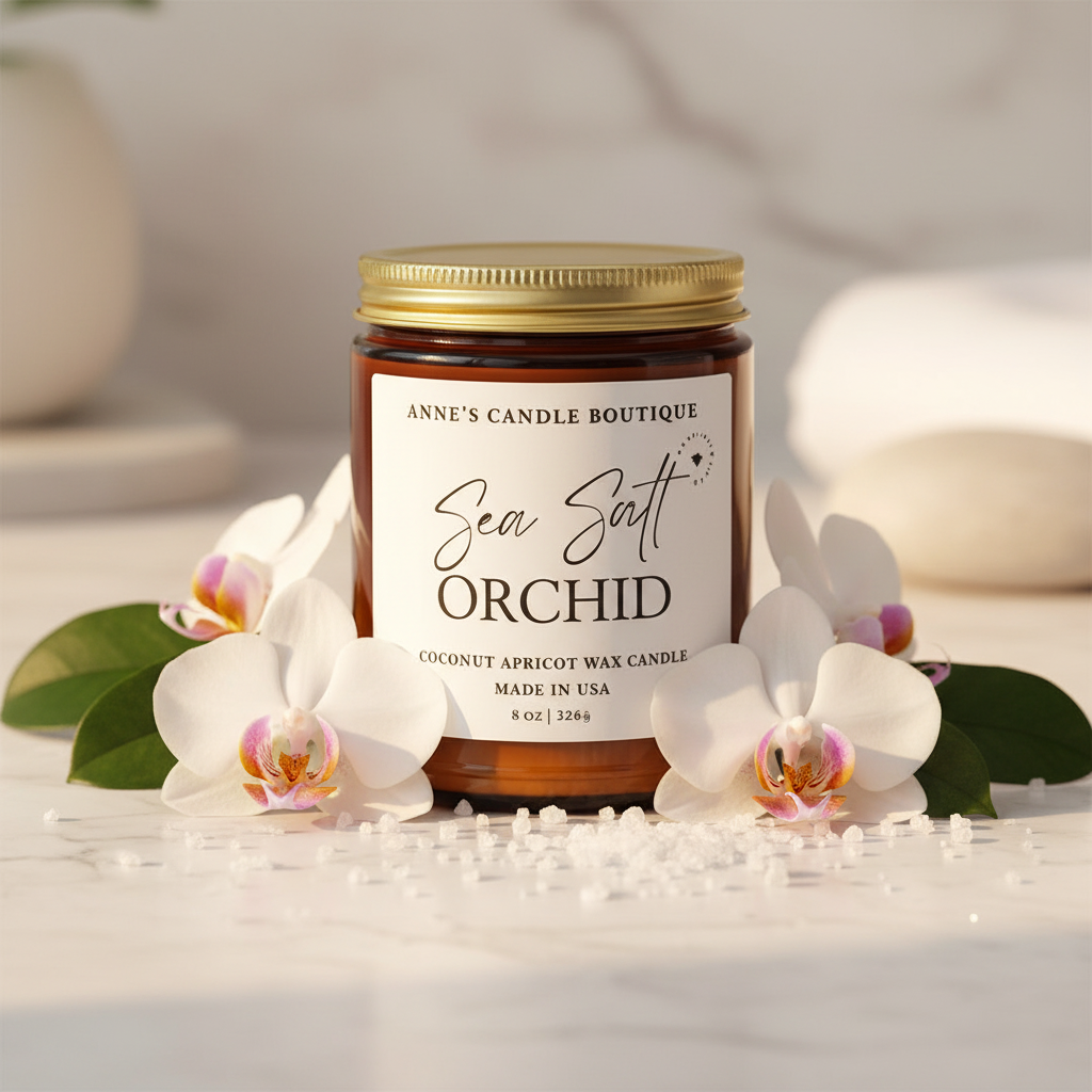 Candle jar labeled 'Sea Surt Orchid' from Anne's Candle Boutique with orchids and coconut on a light background