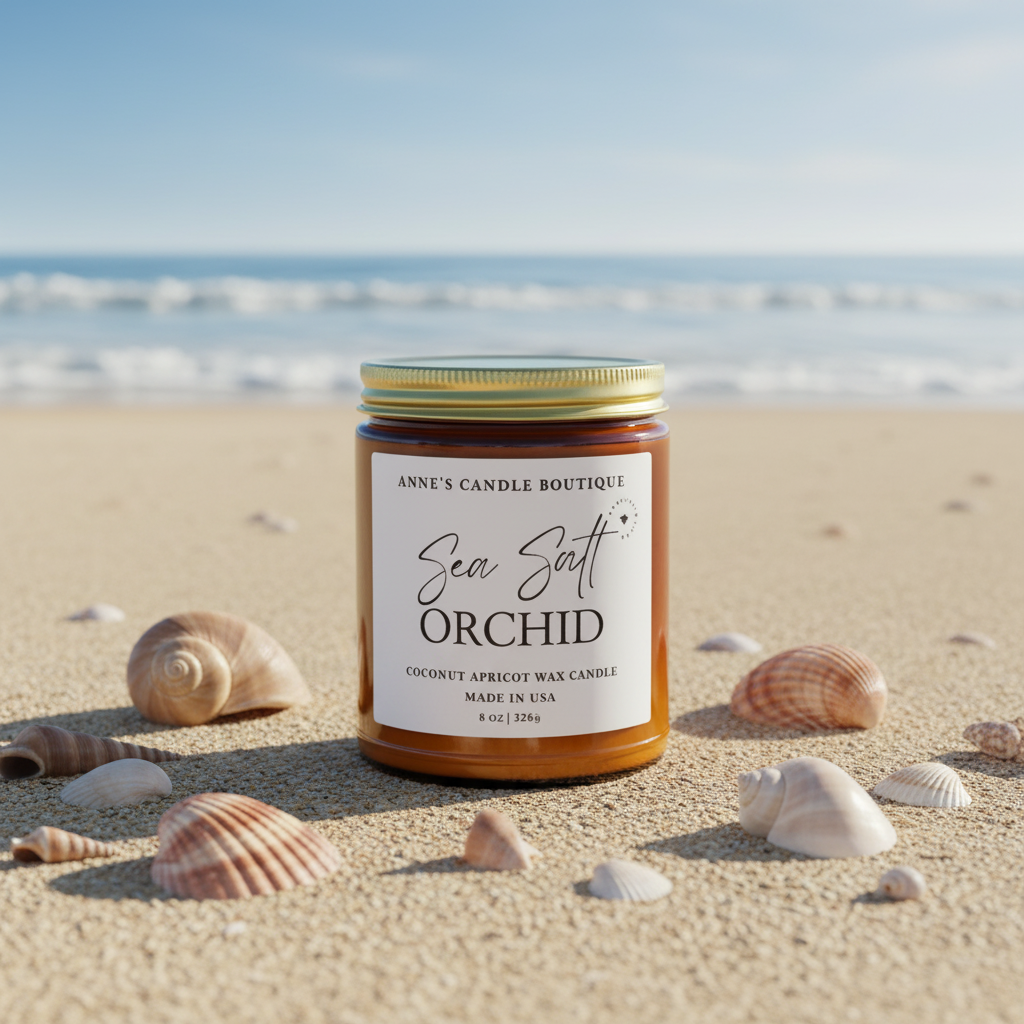 Candle jar labeled 'Sea Salt Orchid' by Anne's Candle Boutique on a sandy beach with seashells.