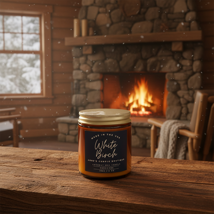 Jar of 'White Birch' candle on a wooden table with a fireplace in the background