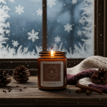 Candle with a 'winter hug' label on a wooden surface with snowflakes outside a window.