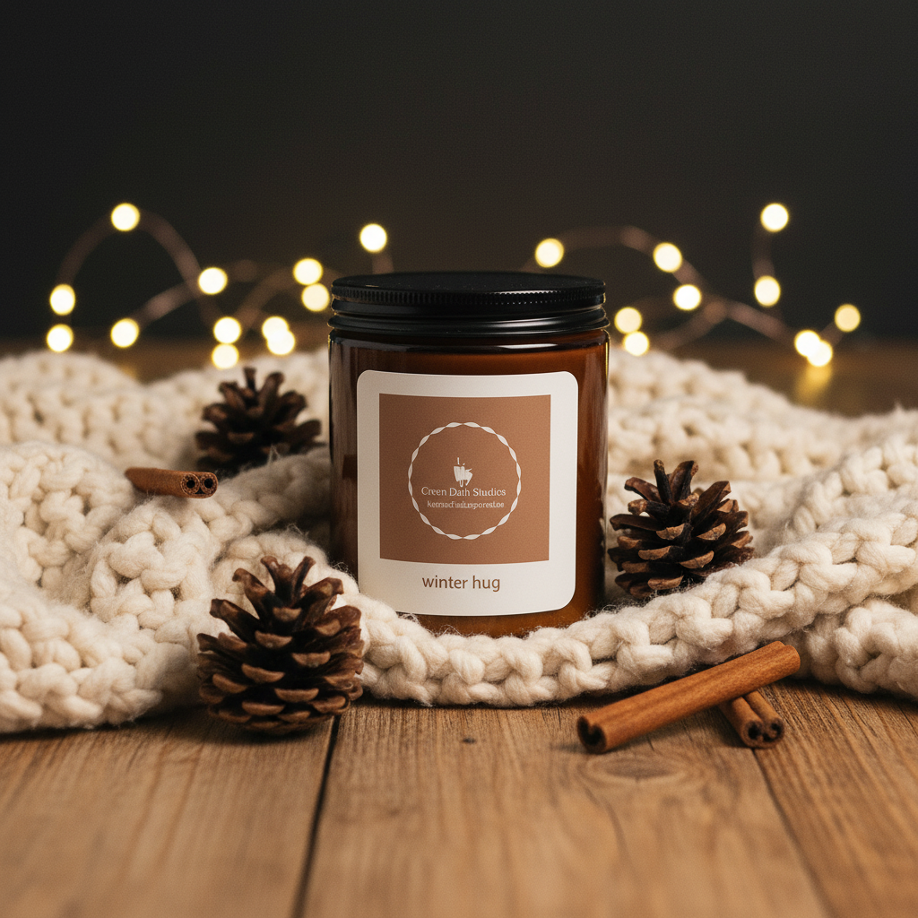 Candle with a label on a wooden surface with pine cones and cinnamon sticks, surrounded by soft lighting.
