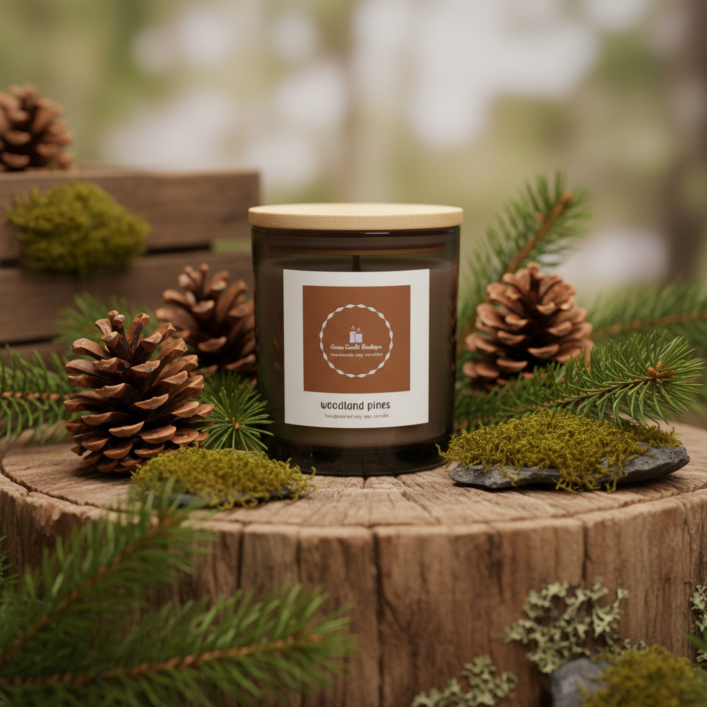 Candle with a label on a wooden stump surrounded by pine cones and greenery