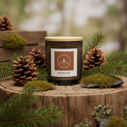 Candle with a label on a wooden stump surrounded by pine cones and greenery