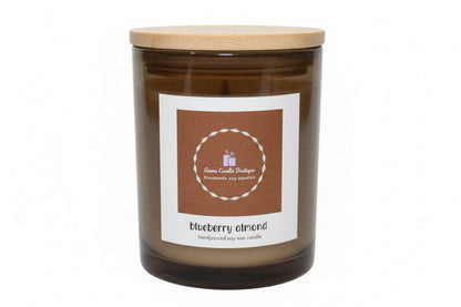 Candle with wooden lid and label on a white background
