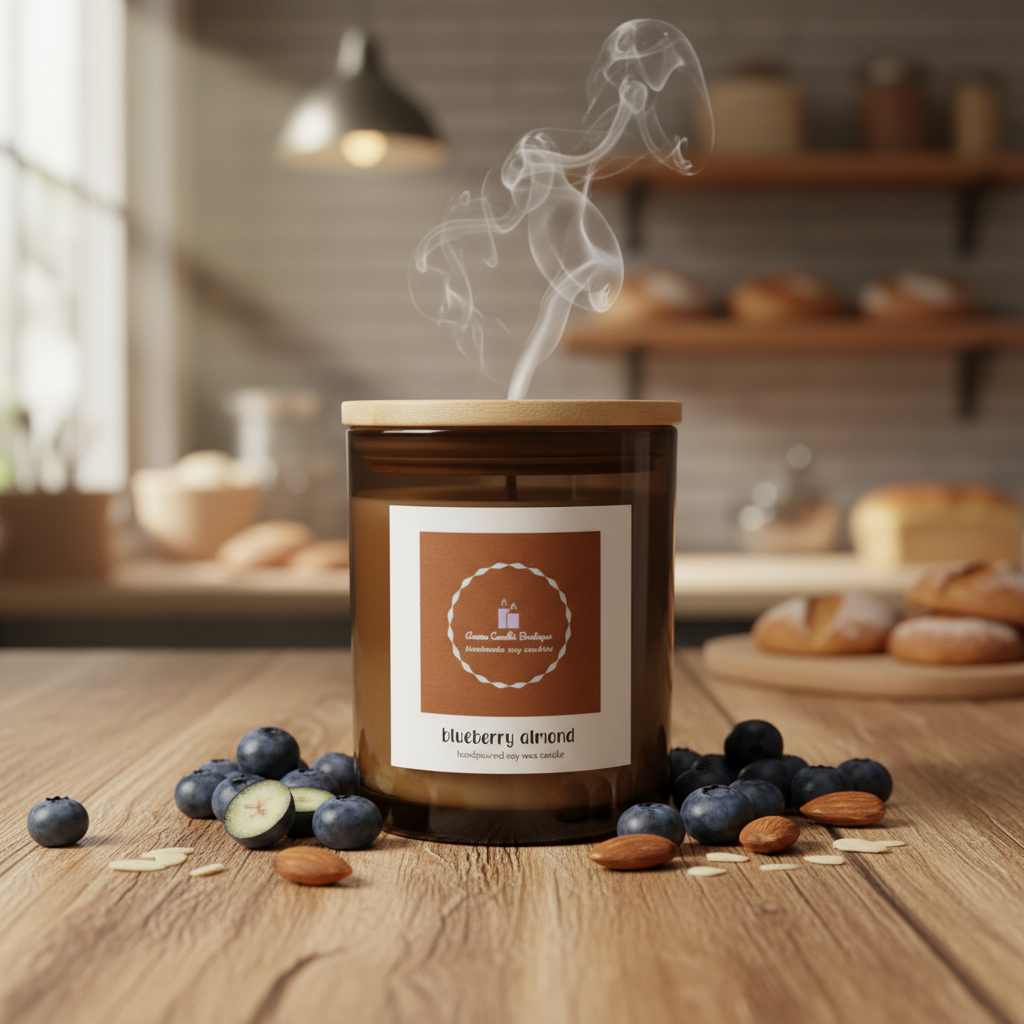 Candle with smoke on a wooden surface with berries and nuts