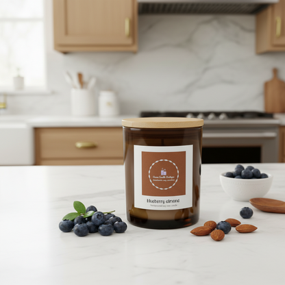 Candle labeled 'Blueberry Almond' on a kitchen counter with blueberries and almonds.