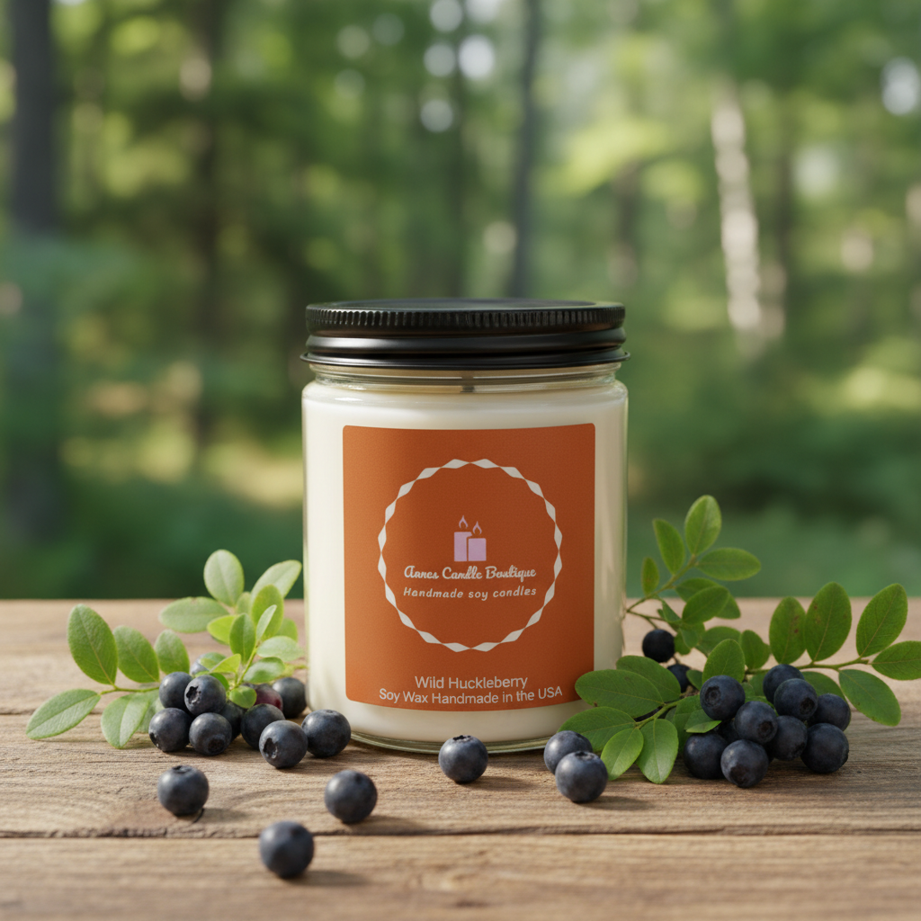Jar of candle with a label on a wooden surface with blueberries and green leaves, forest in the background