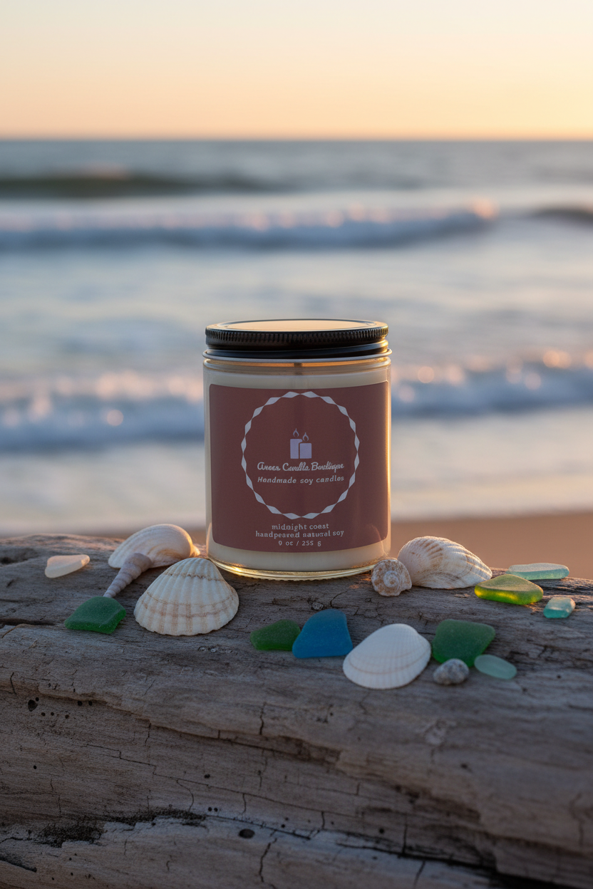 Candle on a beach with seashells and a sunset in the background