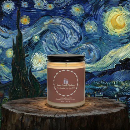Candle with a label in front of Van Gogh's 'Starry Night' painting