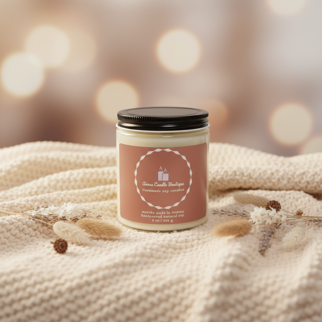 Candle jar with a pink label on a textured surface with blurred lights in the background