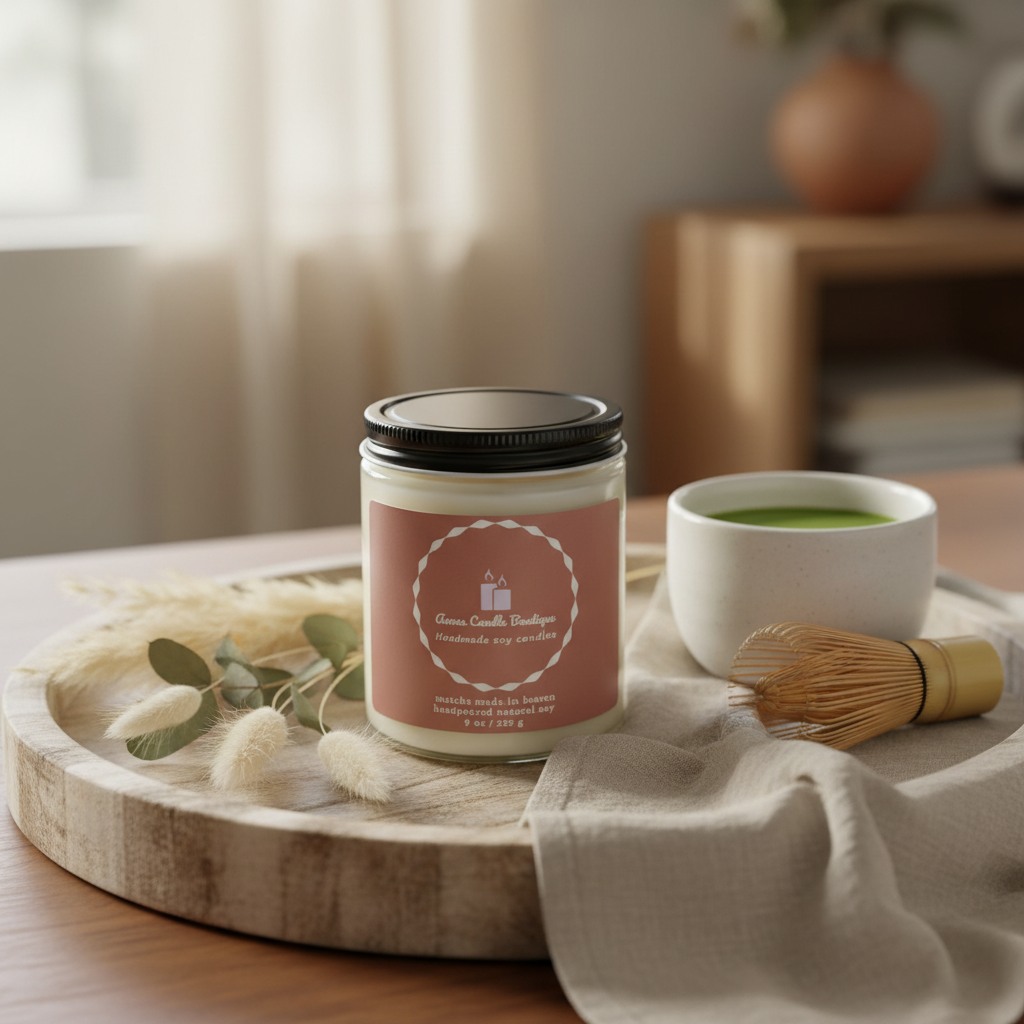 Candle with a pink label on a wooden tray with a cup of green tea and a whisk.