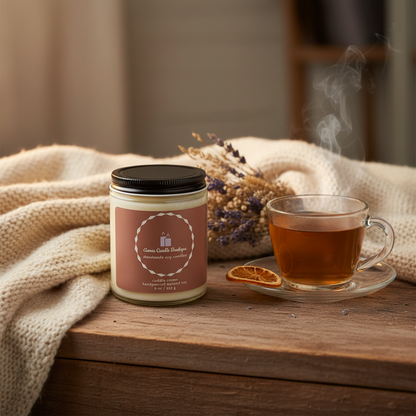Candle and steaming cup of tea on a wooden surface with a soft blanket and dried flowers in the background.