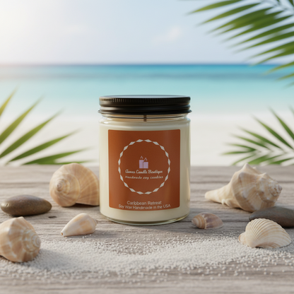 Candle with a label on a sandy surface with shells and palm leaves, set against a beach backdrop.