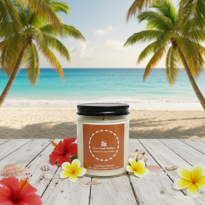 Candle with a beach and palm tree background