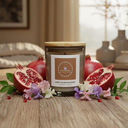 Candle labeled 'sweet pie pomegranate' with pomegranates and flowers on a wooden surface
