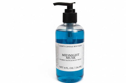 Bottle of 'Midnight Musk' bubble bath and body wash with a pump on a white background