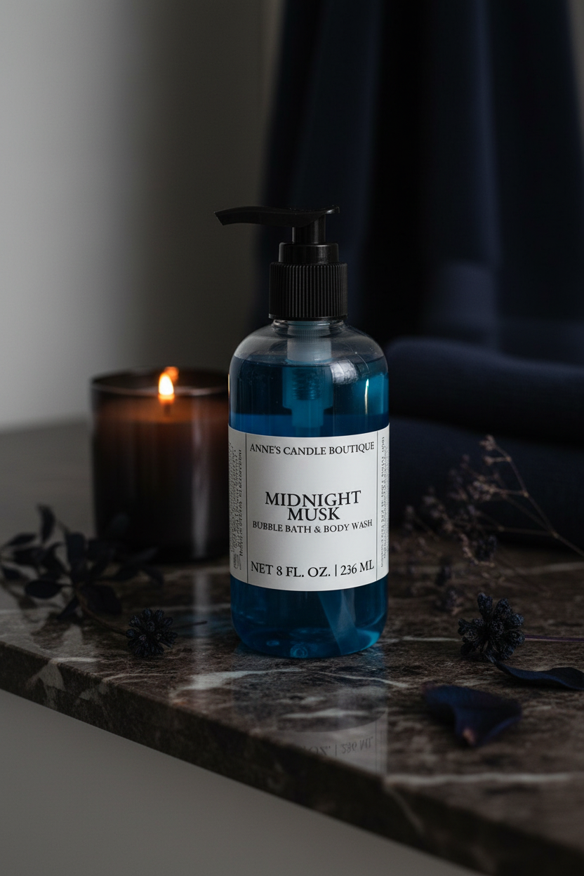 Bottle of 'Midnight Musk' bubble bath and body wash with a lit candle in the background on a marble surface.