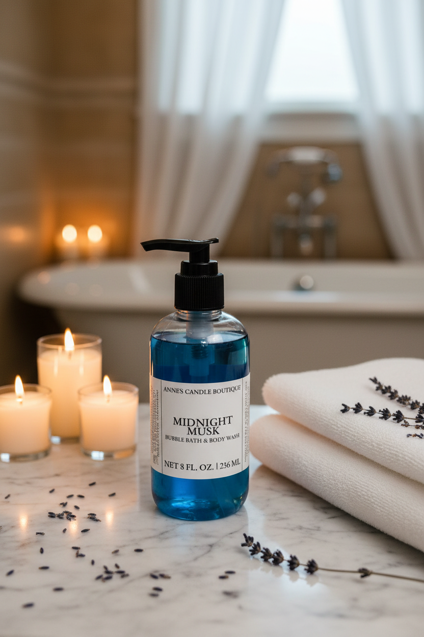 Bottle of 'Midnight Musk' body wash on a marble surface with candles and towels in the background.