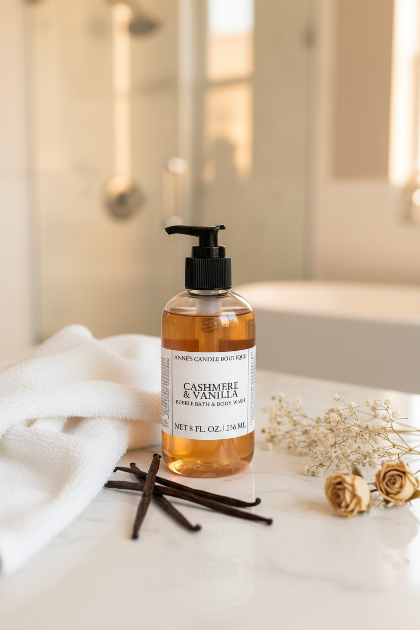 Bottle of Cashmere & Vanilla body wash on a bathroom counter with vanilla beans and flowers.