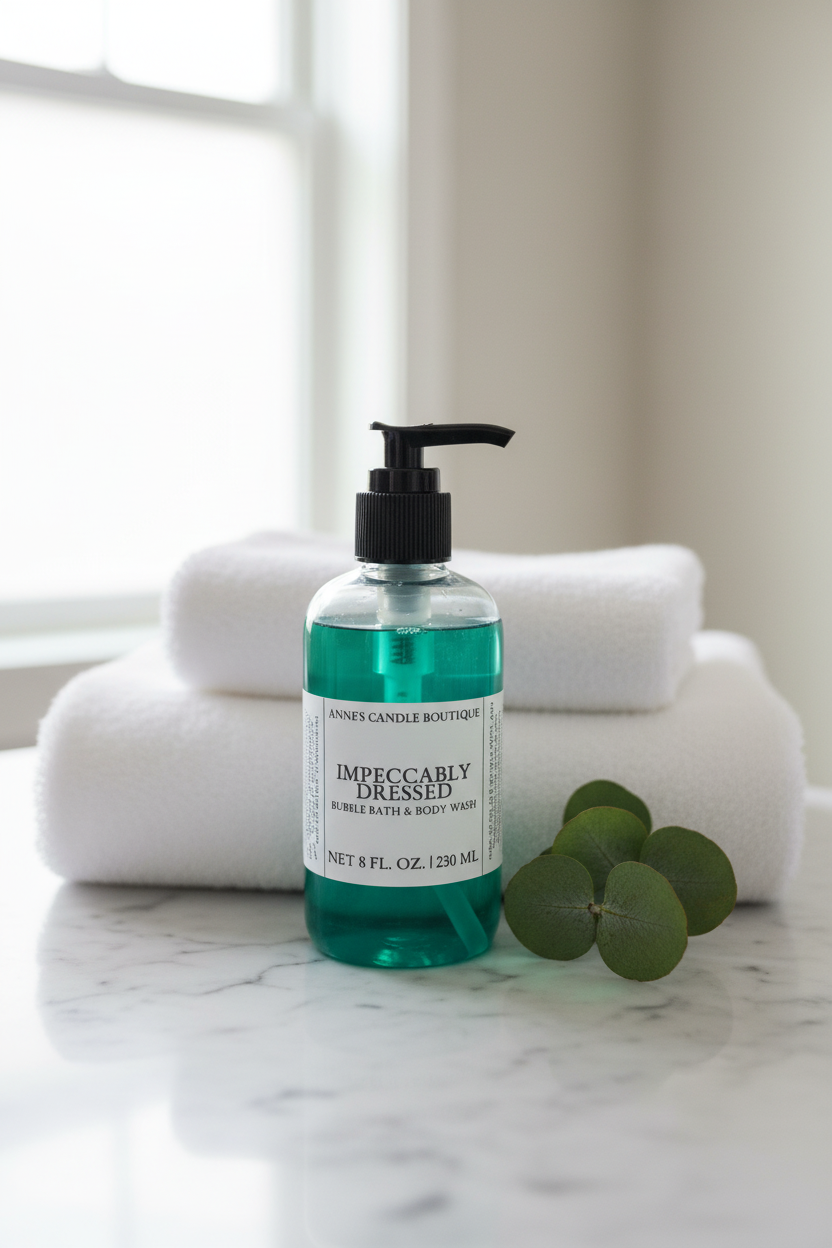 Bottle of 'Impeccably Dressed' bubble bath on a marble surface with towels and leaves.