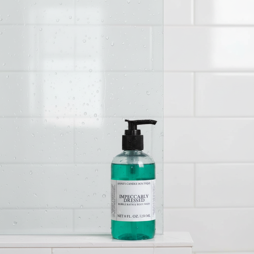 Bottle of bubble bath with pump on a white tiled bathroom shelf
