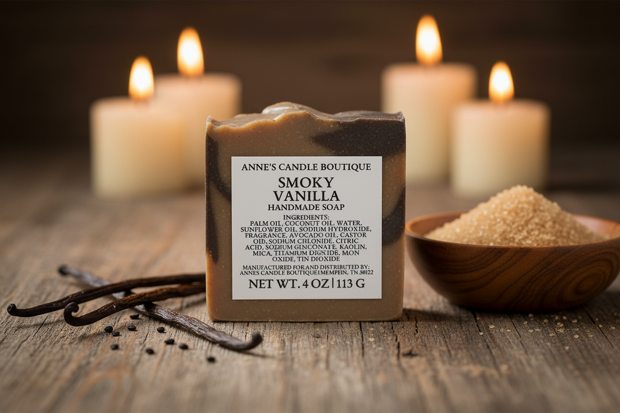 Bar of soap with a label in front of candles and a bowl of sugar on a wooden surface.