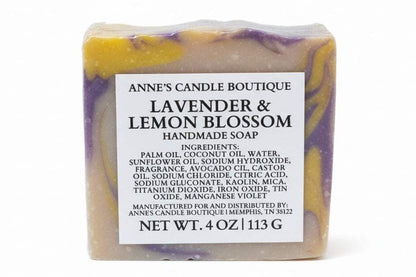 Handmade soap bar with a label from Anne's Candle Boutique featuring lavender and lemon blossom scents.