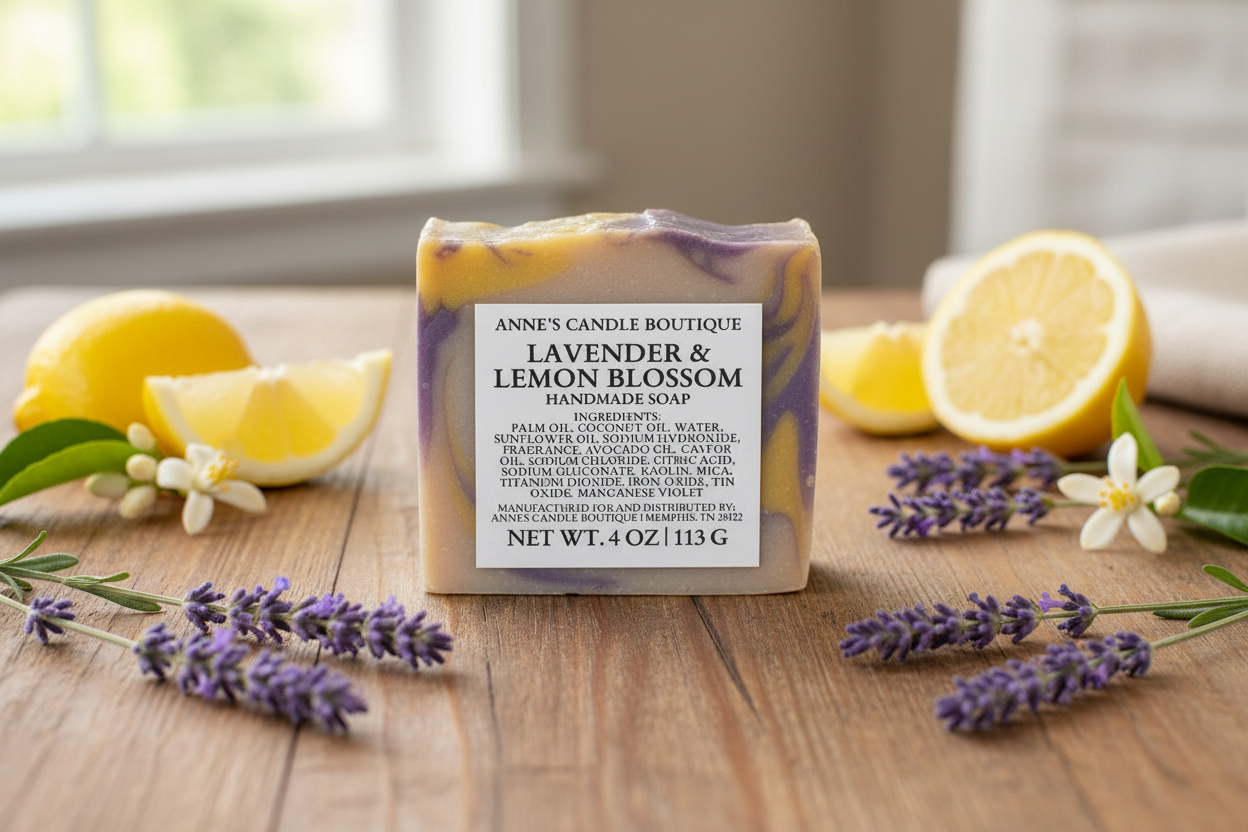 Bar of soap with lavender and lemon blossom scent on a wooden surface with lemons and lavender flowers.