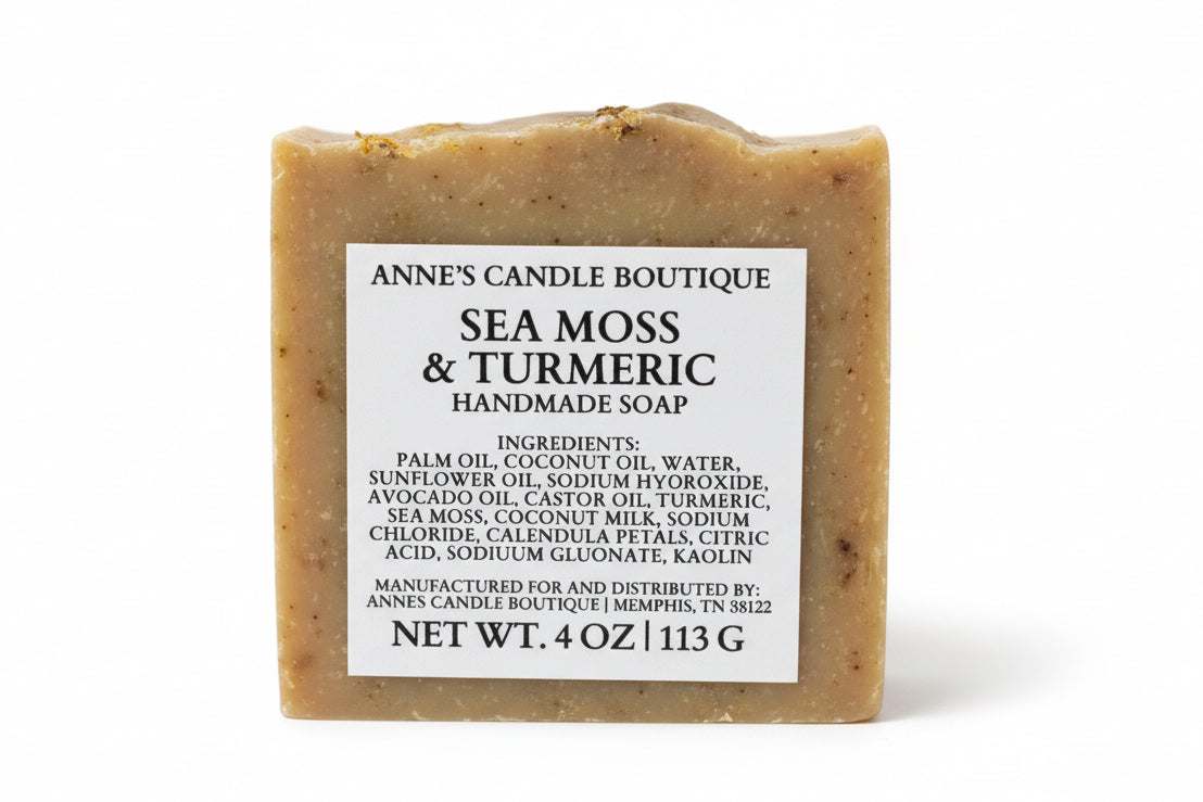 Bar of soap with a label from Anne's Candle Boutique featuring sea moss and turmeric.