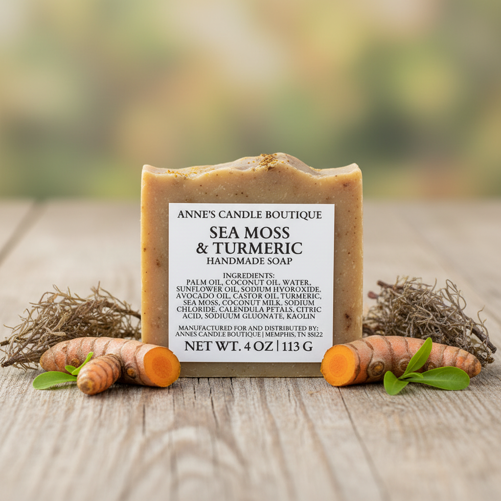 Handmade soap bar with sea moss and turmeric on a wooden surface