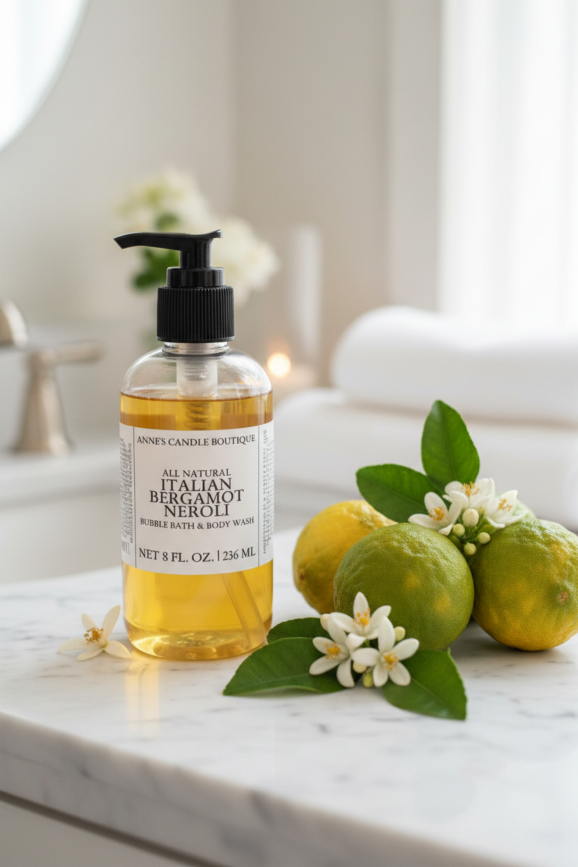 Bottle of all-natural Italian Bergamot Neroli soap on a marble surface with lemons and flowers.